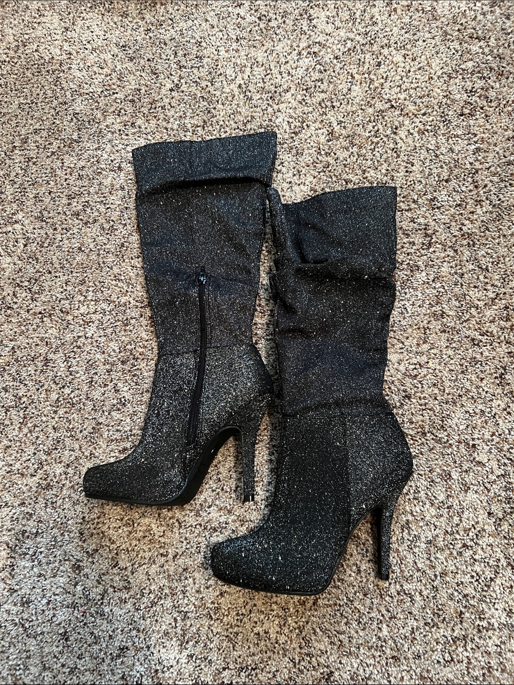 Source Unknown Black Glitter Knee-High Platform Stiletto Boots